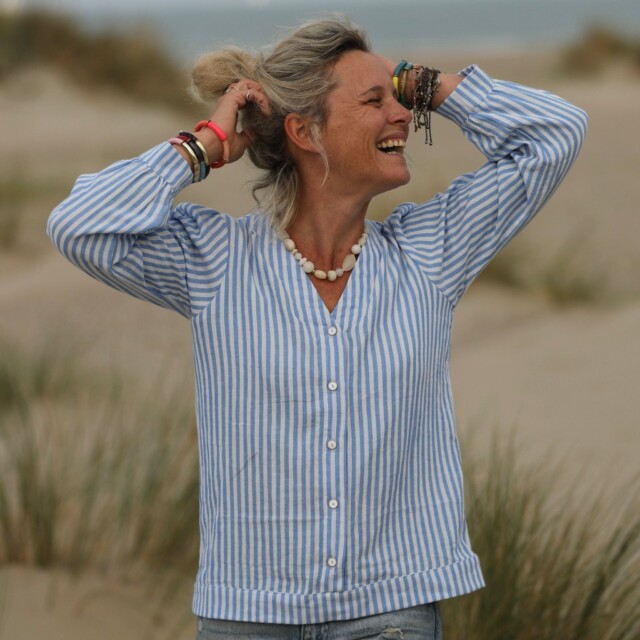 Quintessence - Blouse Léocadie - double gaze de coton rayé bleu/blanc