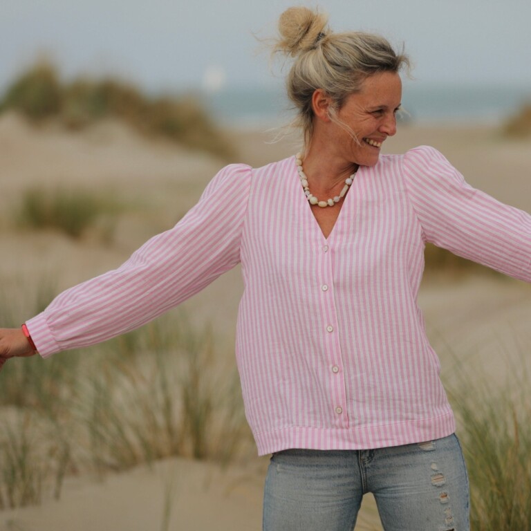Meta SS25 - Blouse Léocadie - double gaze de coton rayée rose/blanc – L