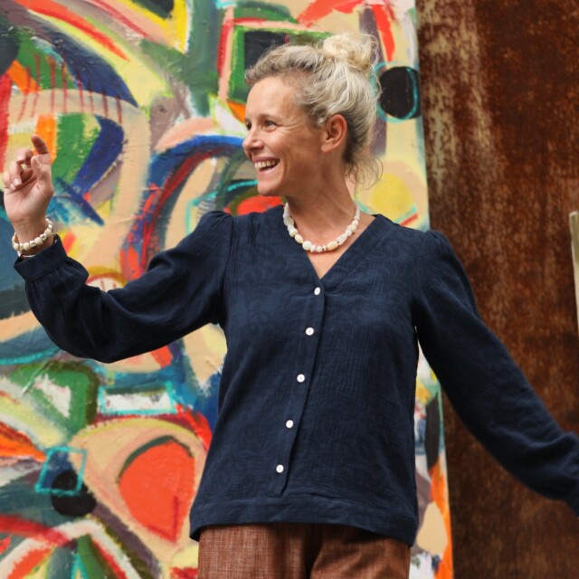 Quintessence - Blouse Léocadie - Double gaze de coton/lin jacquard fleuri marine