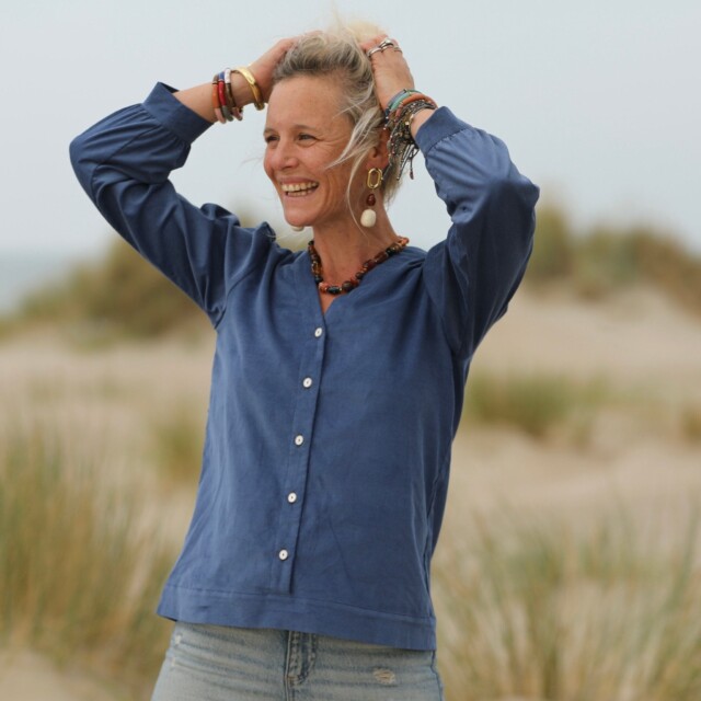 Quintessence - Blouse Léocadie - velours milleraies bleu océan