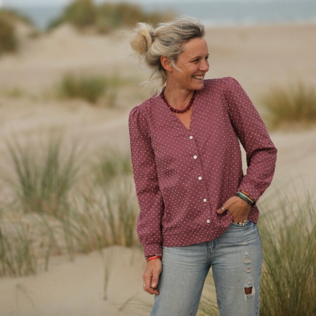 Quintessence - Blouse Léocadie - voile de coton figue plumetis rose