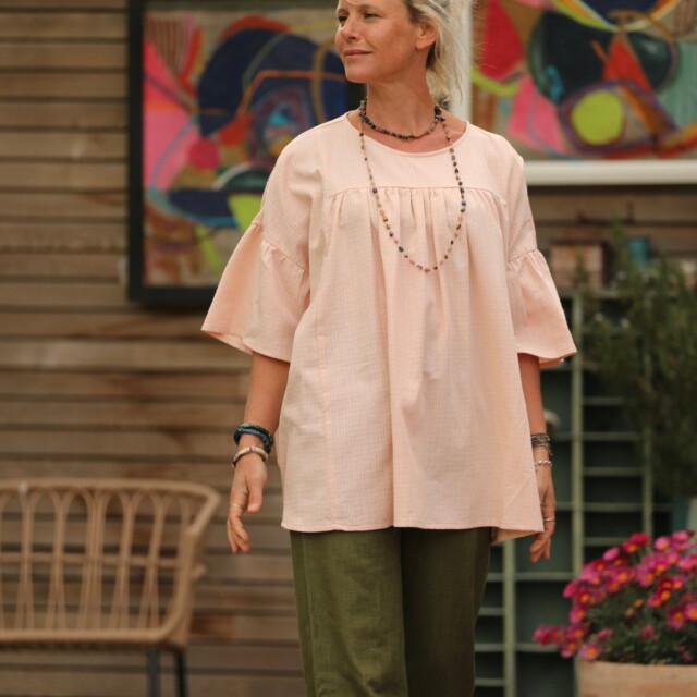 Quintessence - Blouse Léopoldine - armuré de coton rose poudré