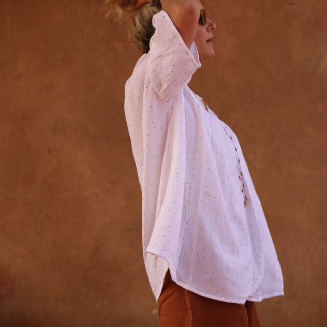 Quintessence - Blouse Léopoldine - double gaze de coton blanche plumetis or