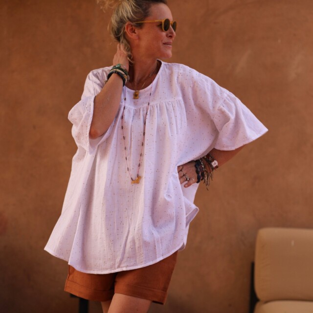 Quintessence - Blouse Léopoldine - double gaze de coton blanche plumetis or