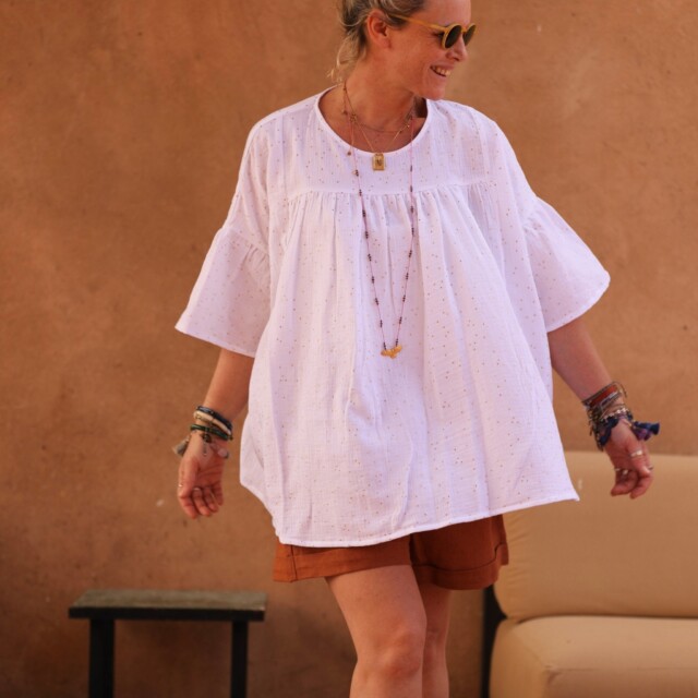 Quintessence - Blouse Léopoldine - double gaze de coton blanche plumetis or