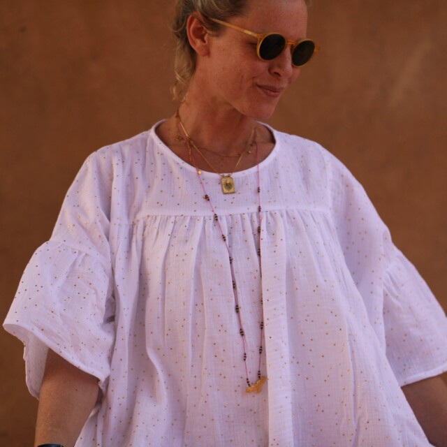 Quintessence - Blouse Léopoldine - double gaze de coton blanche plumetis or