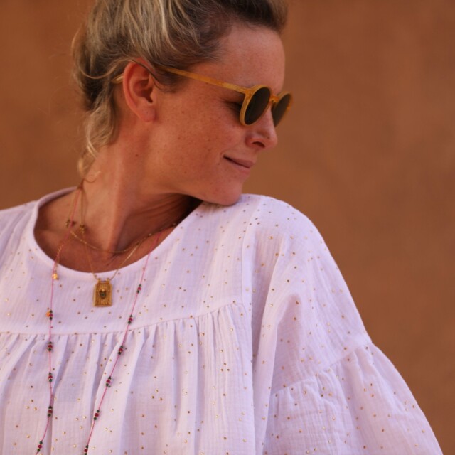 Quintessence - Blouse Léopoldine - double gaze de coton blanche plumetis or