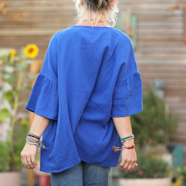Quintessence - Blouse Léopoldine - double gaze de coton bleu majorelle