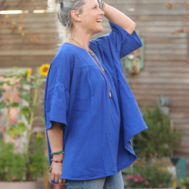 Quintessence - Blouse Léopoldine - double gaze de coton bleu majorelle