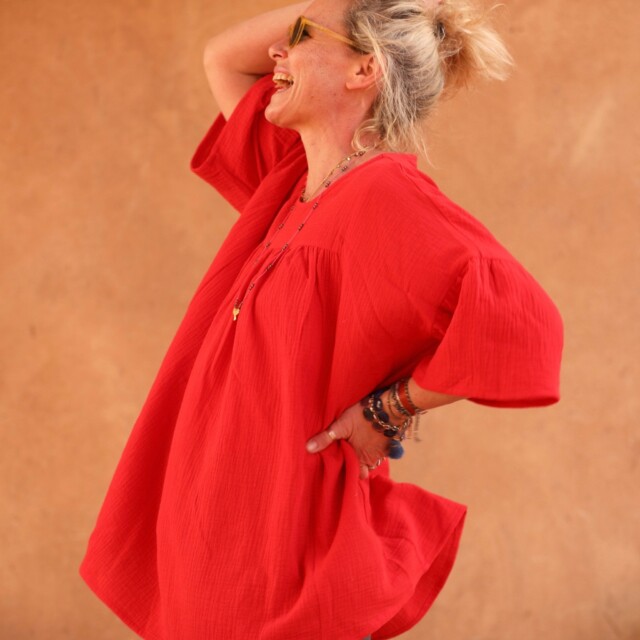 Quintessence - Blouse Léopoldine - double gaze de coton rouge coquelicot