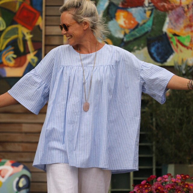 Quintessence - Blouse Léopoldine –  lin/coton rayure bleu lumineux