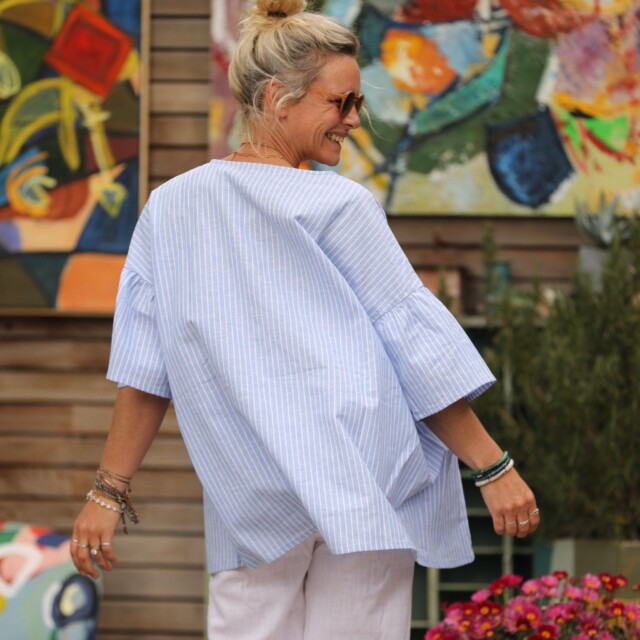 Quintessence - Blouse Léopoldine -  lin/coton rayure bleu lumineux