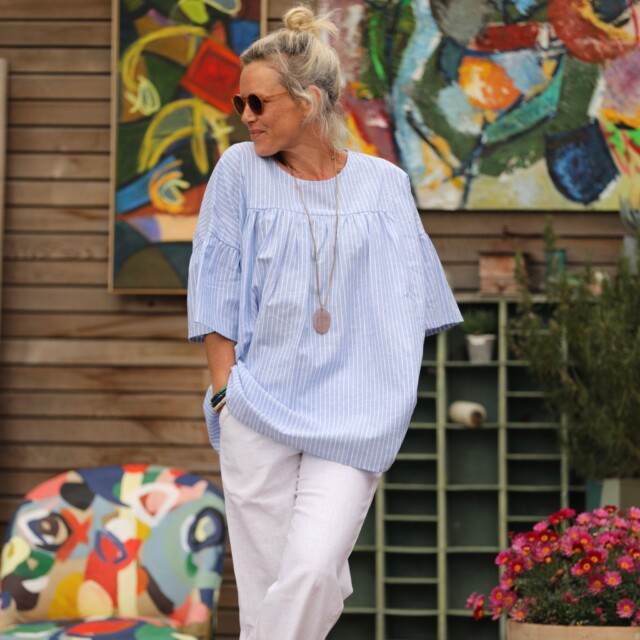 Quintessence - Blouse Léopoldine -  lin/coton rayure bleu lumineux