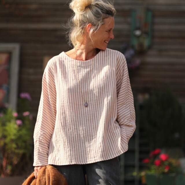 Quintessence - Blouse Naomie – double gaze de coton rayée écureuil