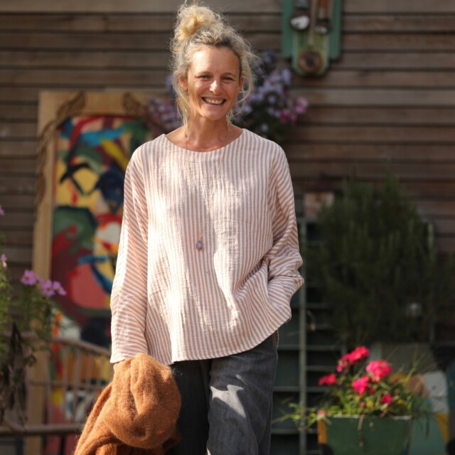 Quintessence - Blouse Naomie - double gaze de coton rayée écureuil