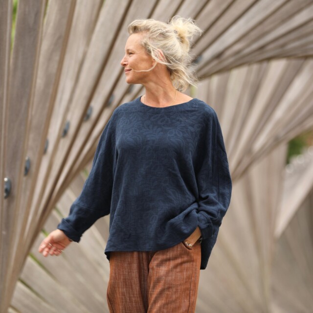 Quintessence - Blouse Naomie - Double gaze de coton/lin jacquard fleuri marine