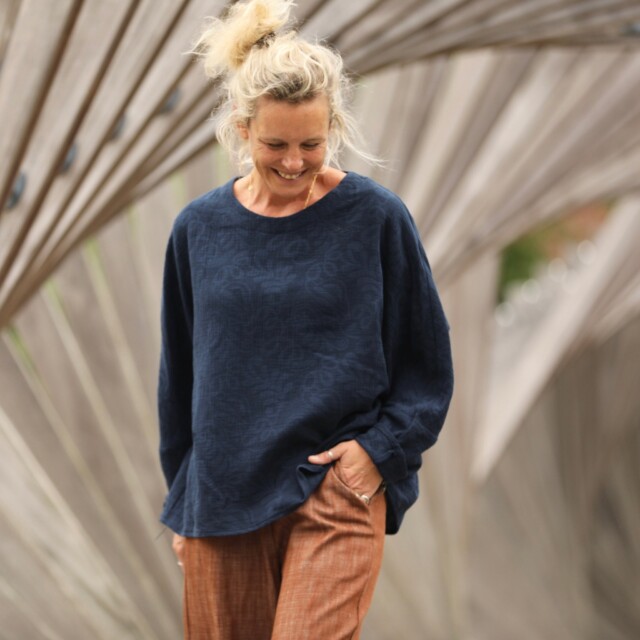 Quintessence - Blouse Naomie - Double gaze de coton/lin jacquard fleuri marine