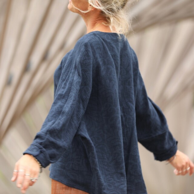 Quintessence - Blouse Naomie - Double gaze de coton/lin jacquard fleuri marine