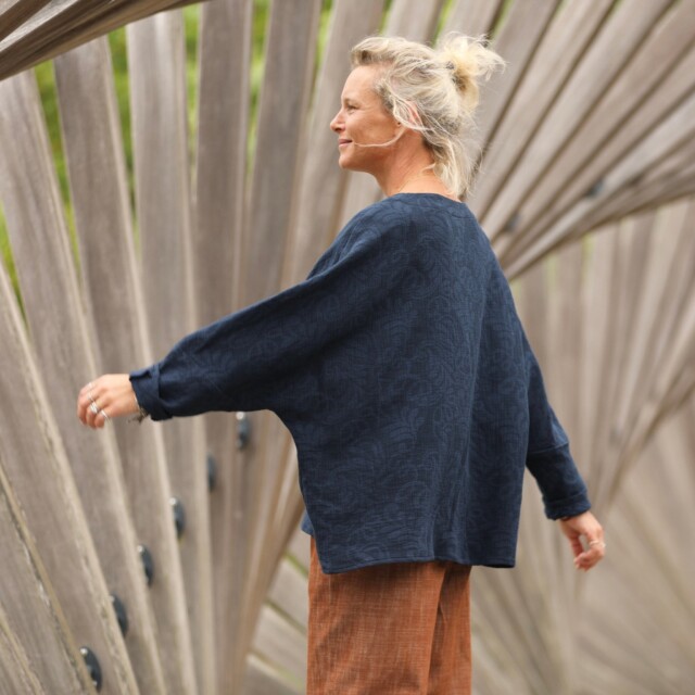 Quintessence - Blouse Naomie - Double gaze de coton/lin jacquard fleuri marine