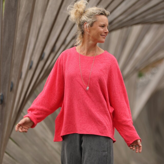 Quintessence - Blouse Naomie - Double gaze de coton/lin jacquard fleuri rose gourmand