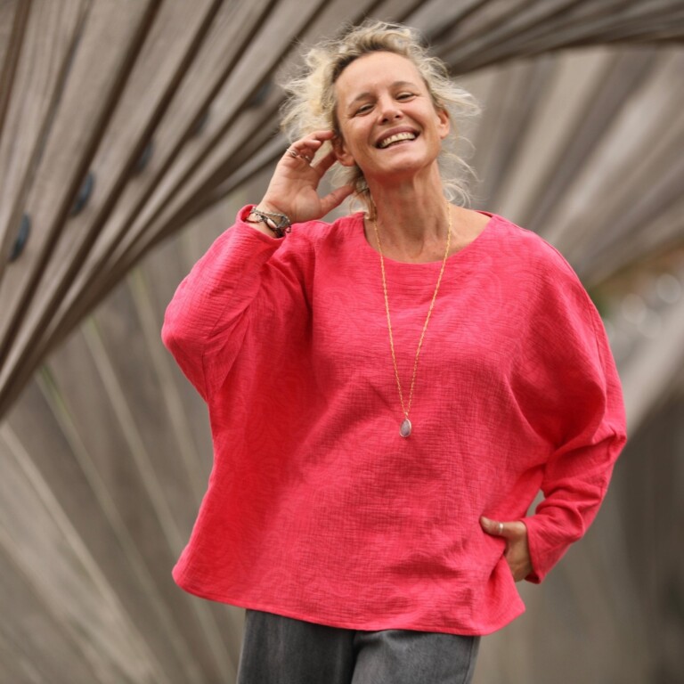 Quintessence - Blouse Naomie - Double gaze de coton/lin jacquard fleuri rose gourmand