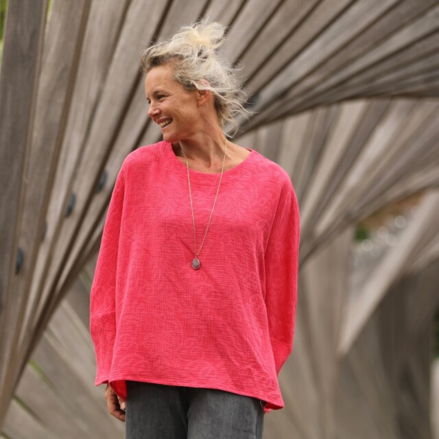 Quintessence - Blouse Naomie - Double gaze de coton/lin jacquard fleuri rose gourmand