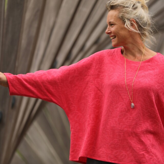 Quintessence - Blouse Naomie - Double gaze de coton/lin jacquard fleuri rose gourmand