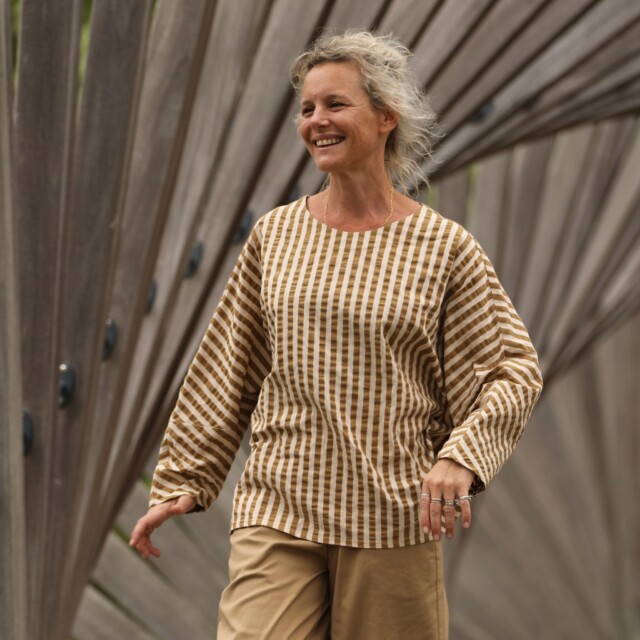 Quintessence - Blouse Naomie - Seeresucker de coton rayé camel/ivoire