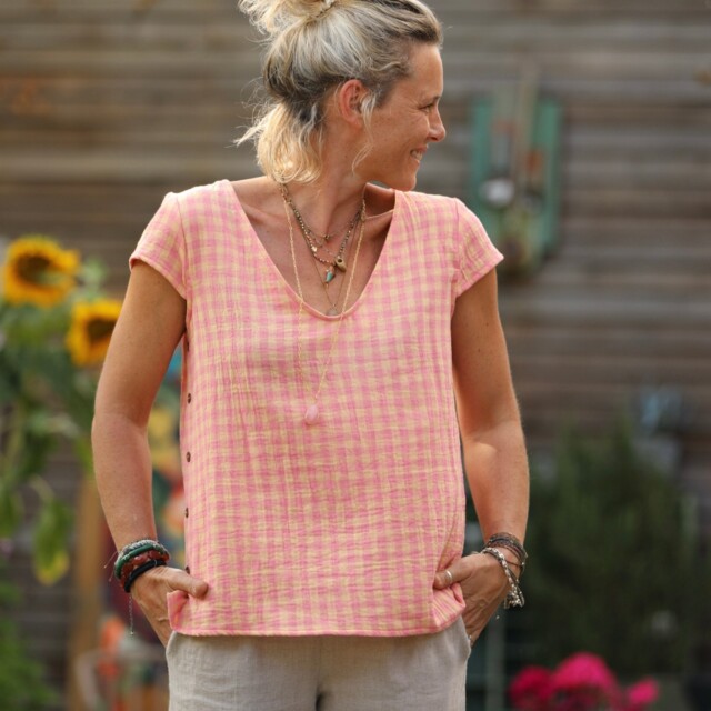 Quintessence - Blouse Sidonie double gaze de coton carreaux rose orangé