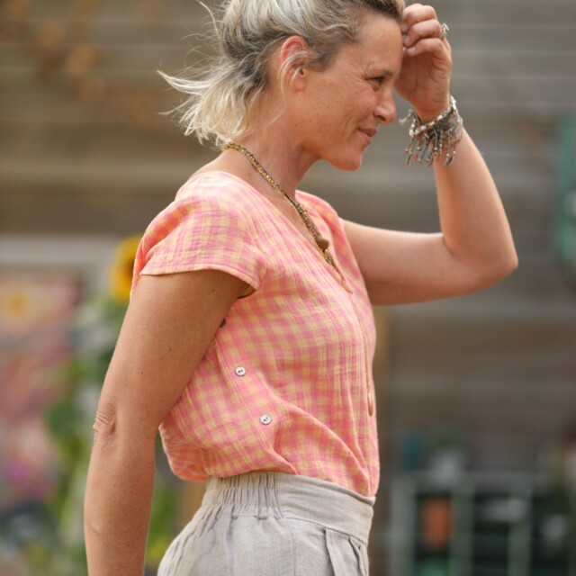 Quintessence - Blouse Sidonie double gaze de coton carreaux rose orangé