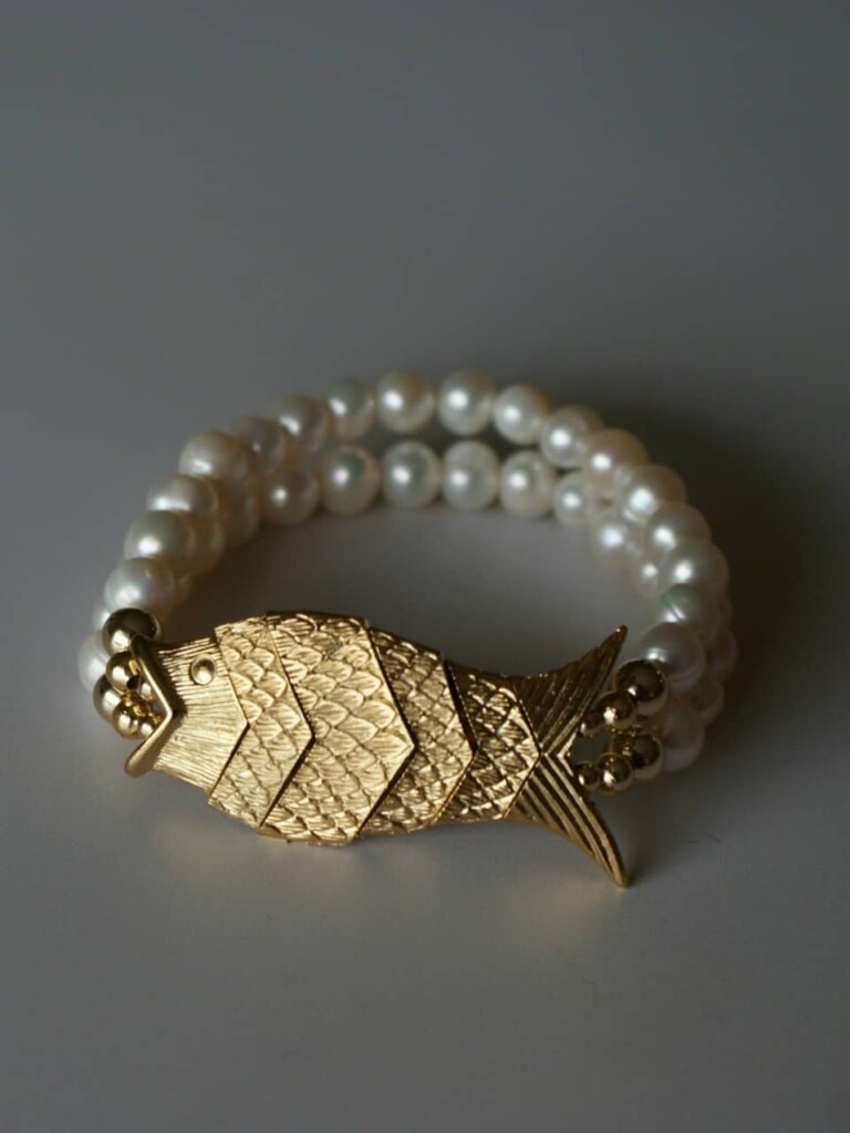 NEIJE - Bracelet Poisson Gefilte Perles de Culture Blanches et Or