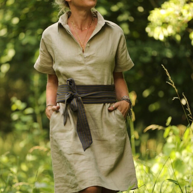 Quintessence - Ceinture Anita - Double gaze de coton rayée kaki/marine