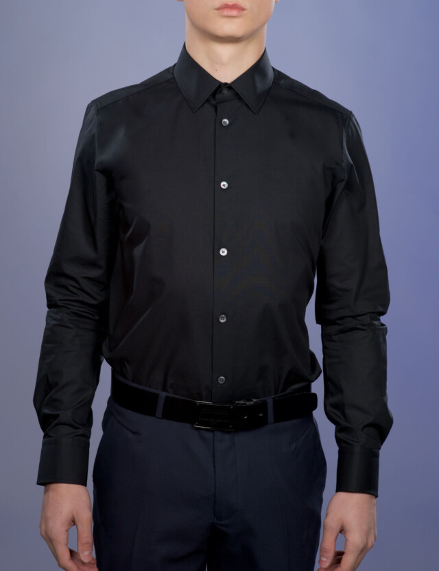 - Chemise Noire Popeline Double Retors - Col Français