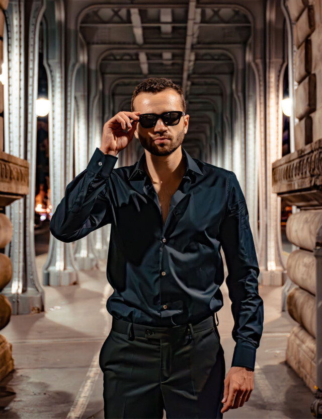 - Chemise Noire Popeline Double Retors - Col Français