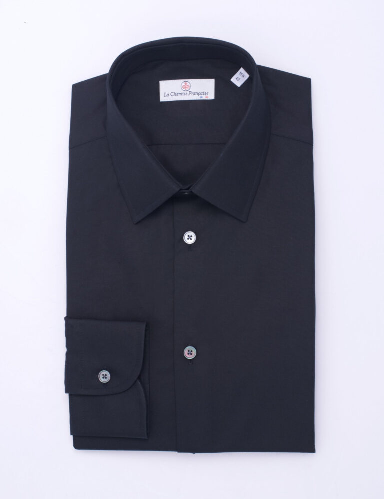 - Chemise Noire Popeline Double Retors - Col Français