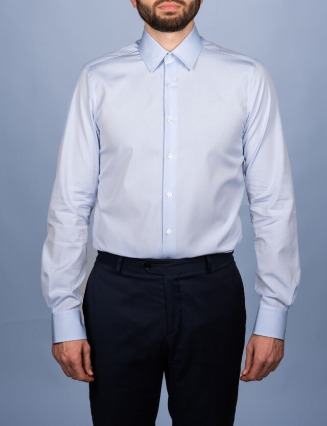 - Chemise Bleu Ciel Popeline Double Retors - Petit Col Français