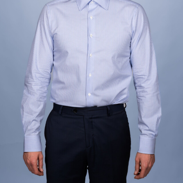 - Chemise Rayure Fine Bleu Ciel 2mm - Col Français