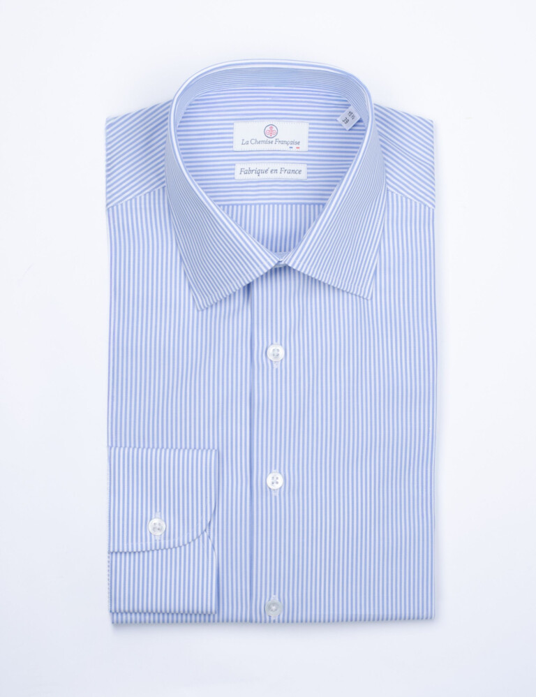 - Chemise Rayure Fine Bleu Ciel 2mm - Col Français