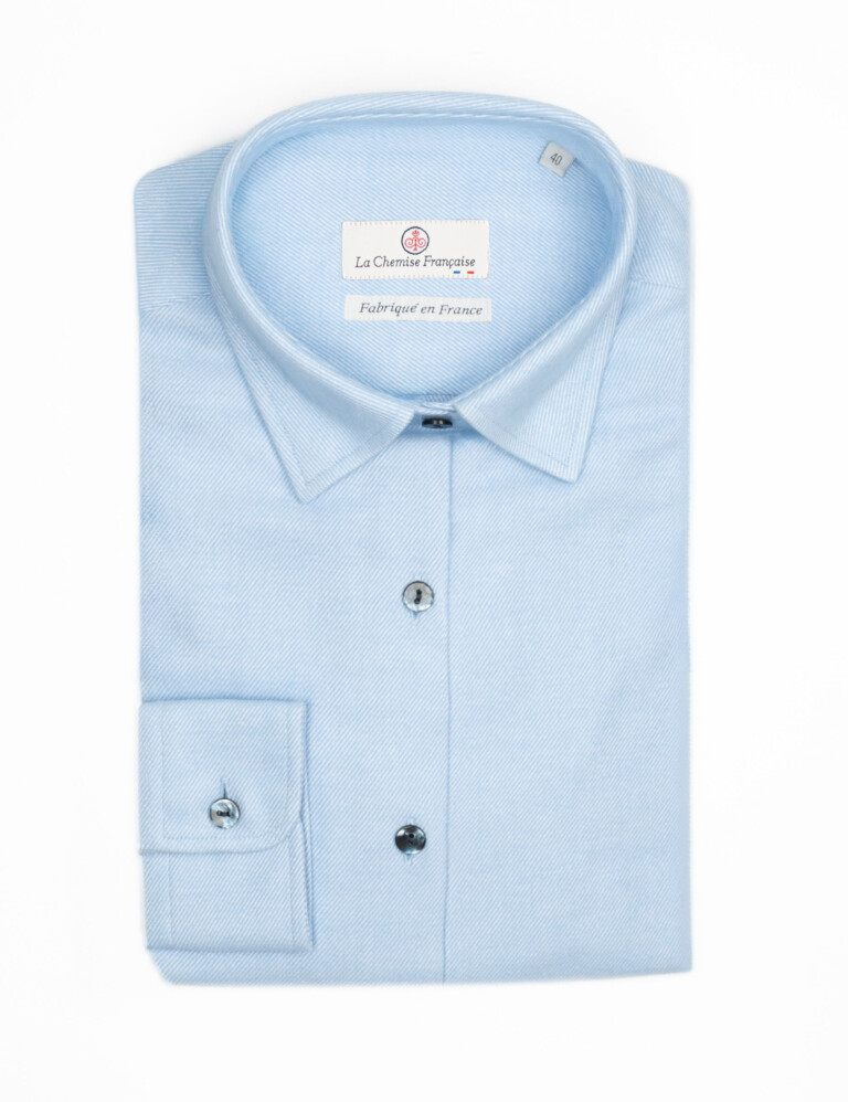- Chemisier Chaud Flanelle de Coton Bleu Ciel - Petit Col Français Souple