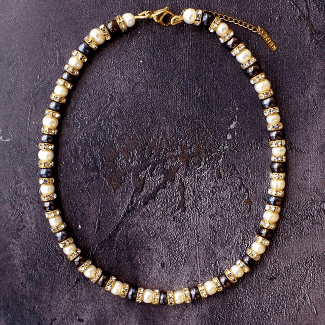 NEIJE - Parure Collier & Bracelet Perles de Culture Noires et Blanches avec Diamants - Schachmatt – L (poignet de 17 à 19 cm) / 50 cm + extension de 5 cm