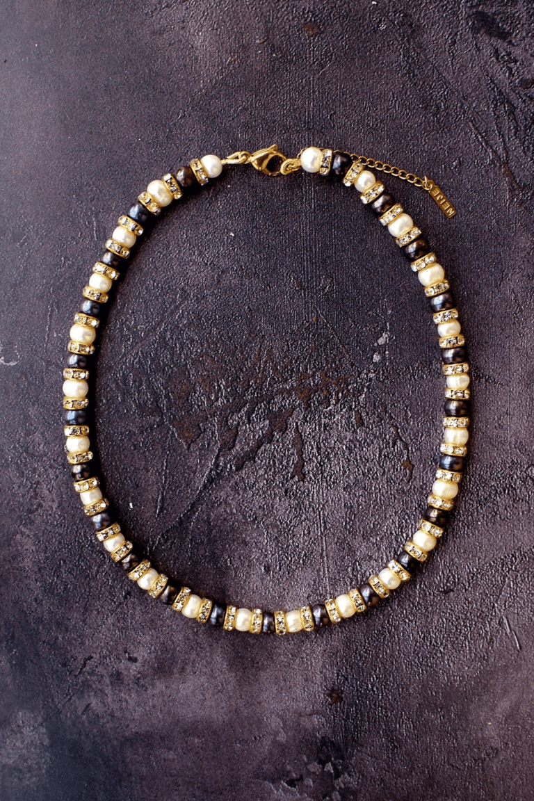 NEIJE - Parure Collier & Bracelet Perles de Culture Noires et Blanches avec Diamants - Schachmatt – L (poignet de 17 à 19 cm) / 50 cm + extension de 5 cm