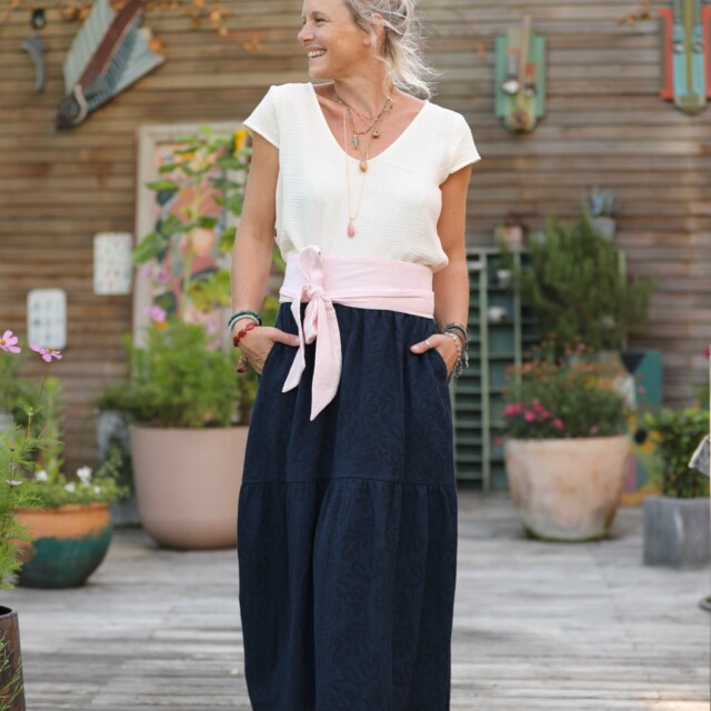 Quintessence - Jupe Sarah - coton/lin jacquard bleu marine