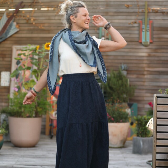 Quintessence - Jupe Sarah - coton/lin jacquard bleu marine