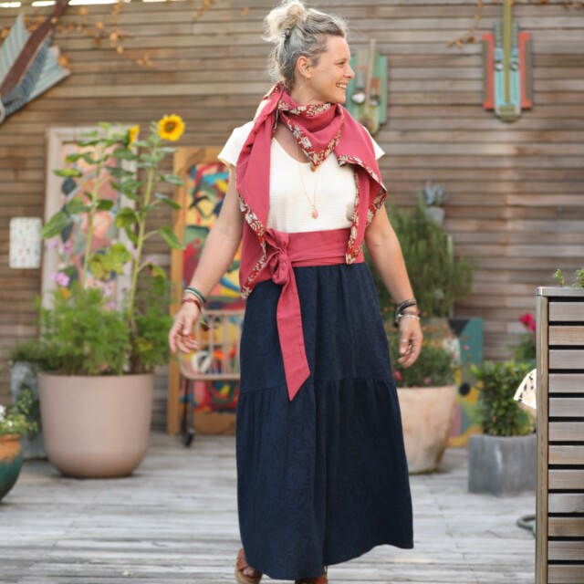 Quintessence - Jupe Sarah - coton/lin jacquard bleu marine