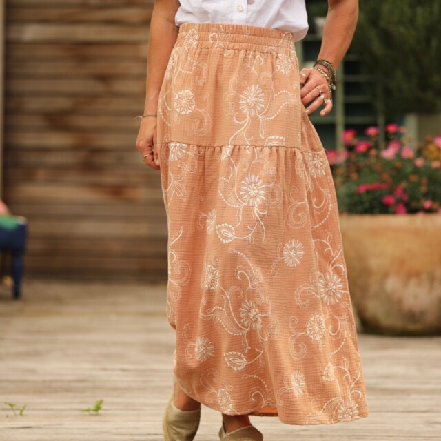 Quintessence - Jupe Sarah - double gaze de coton brodée camel