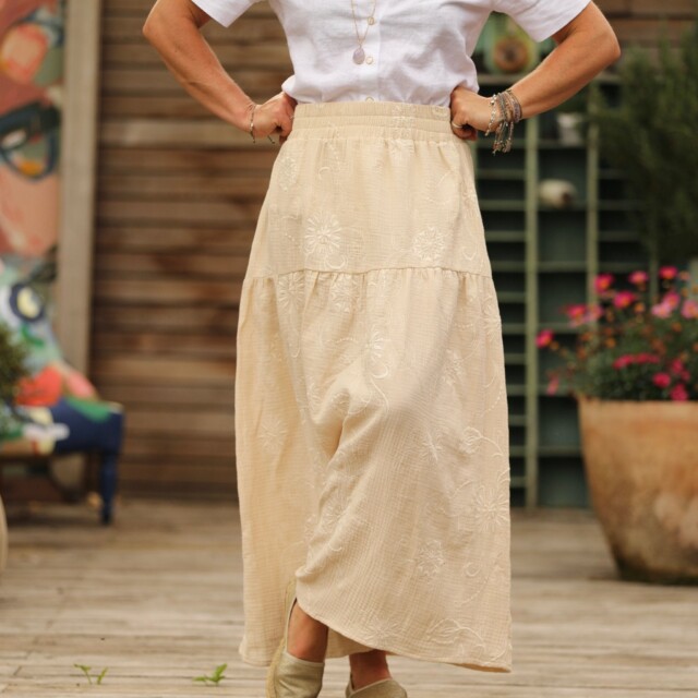 Quintessence - Jupe Sarah - double gaze de coton brodée ivoire