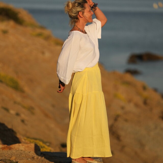 Quintessence - Jupe Sarah - double gaze de coton jaune mimosas