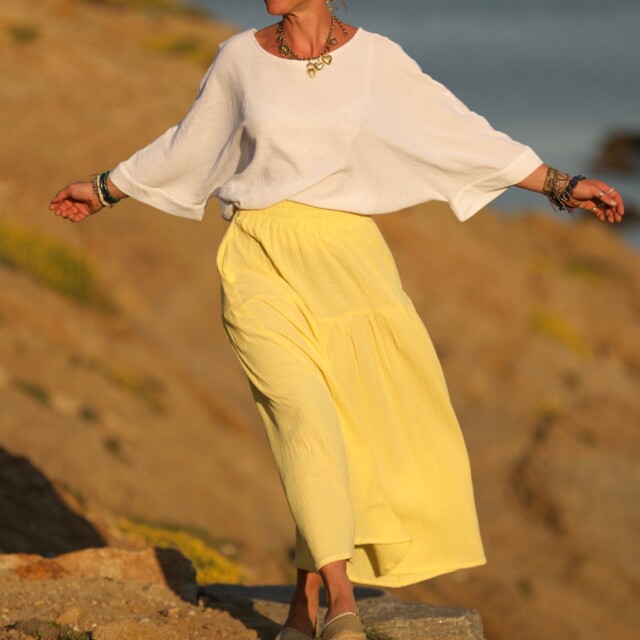 Quintessence - Jupe Sarah - double gaze de coton jaune mimosas
