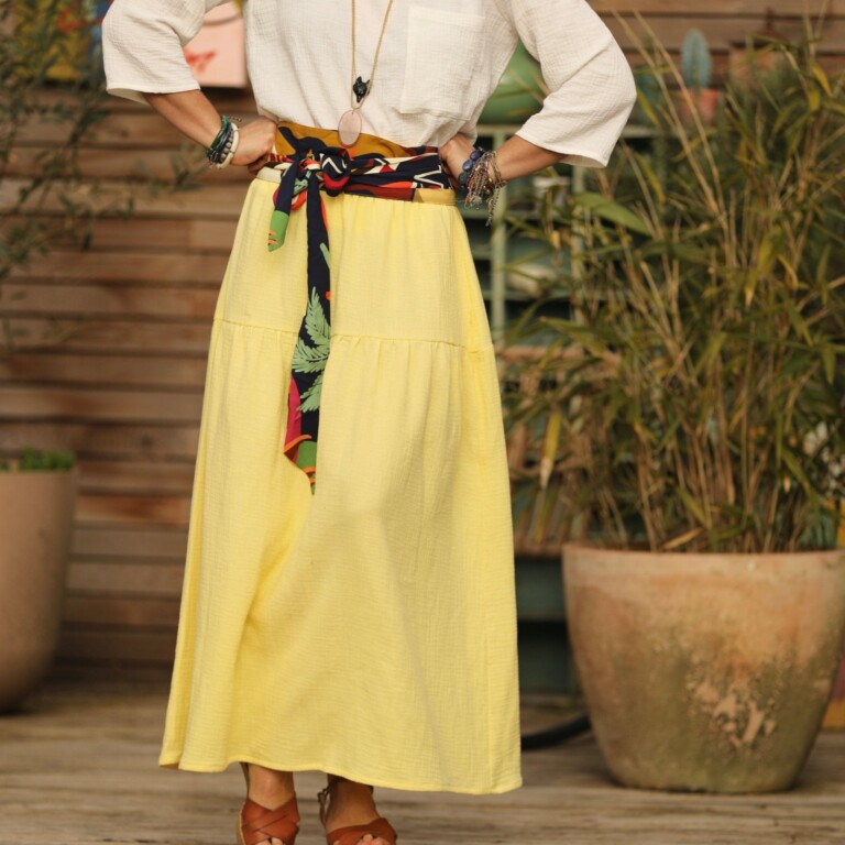 Quintessence - Jupe Sarah - double gaze de coton jaune mimosas