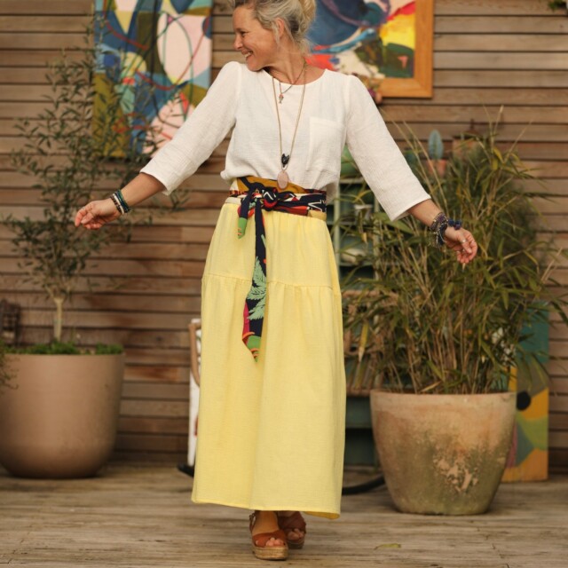 Quintessence - Jupe Sarah - double gaze de coton jaune mimosas